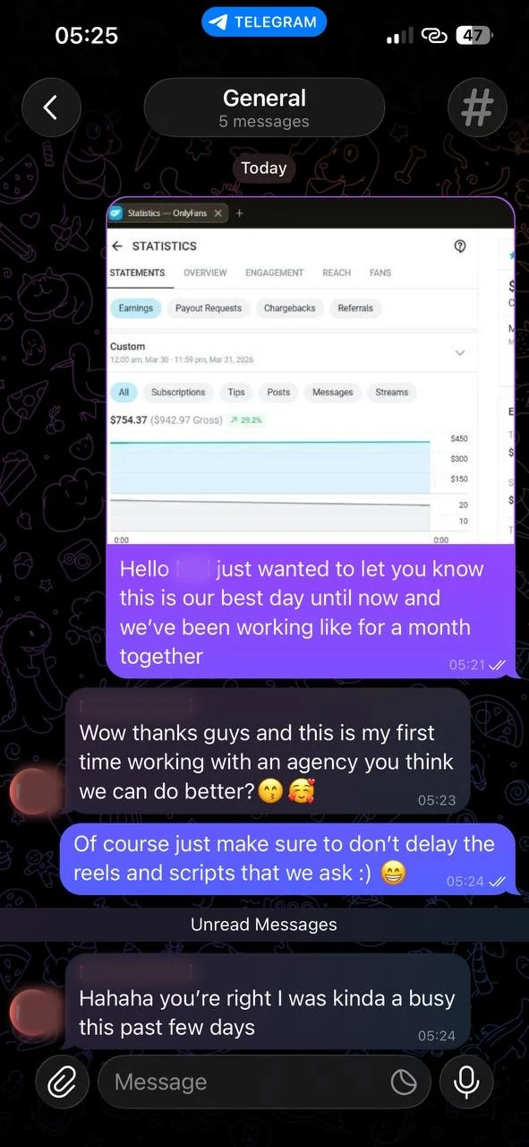 Privacy-blurred Telegram chat showing an OnlyFans custom date range with $754.37 earned in two days