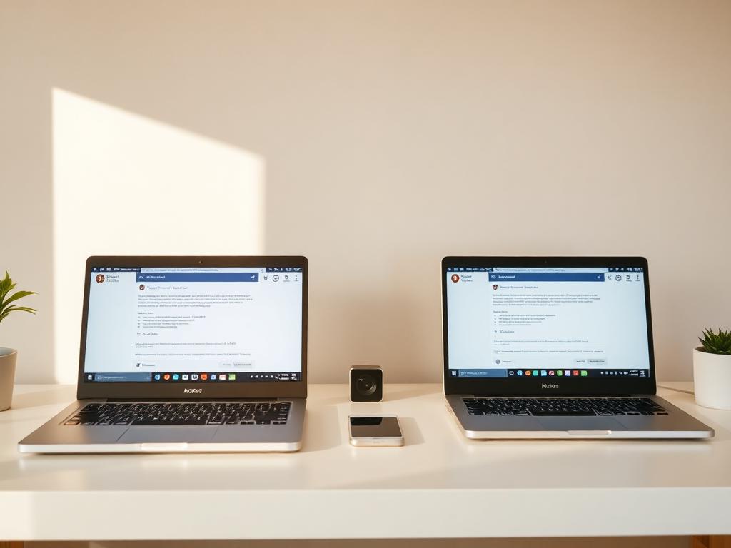 A professional messaging workspace with two laptops in soft daylight.