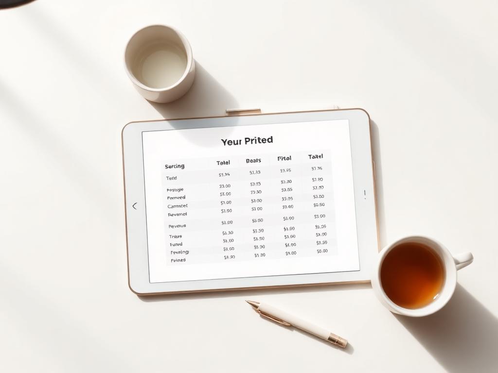 A tablet showing a simple pricing table on a clean desk.