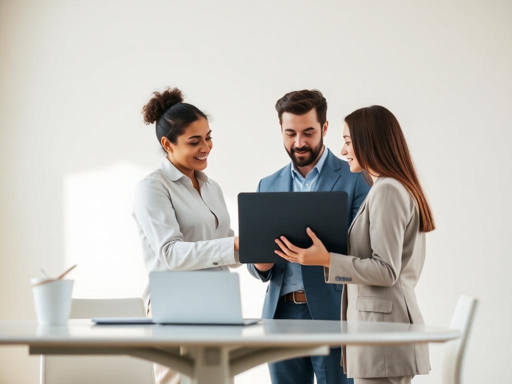 A small team collaborating around a screen in a bright minimalist office.